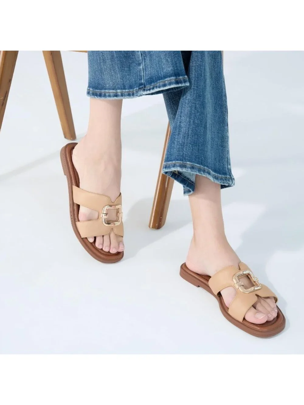 Women's Khaki Square Toe Flat Sandals Slides Dressy Comfortable for Beach